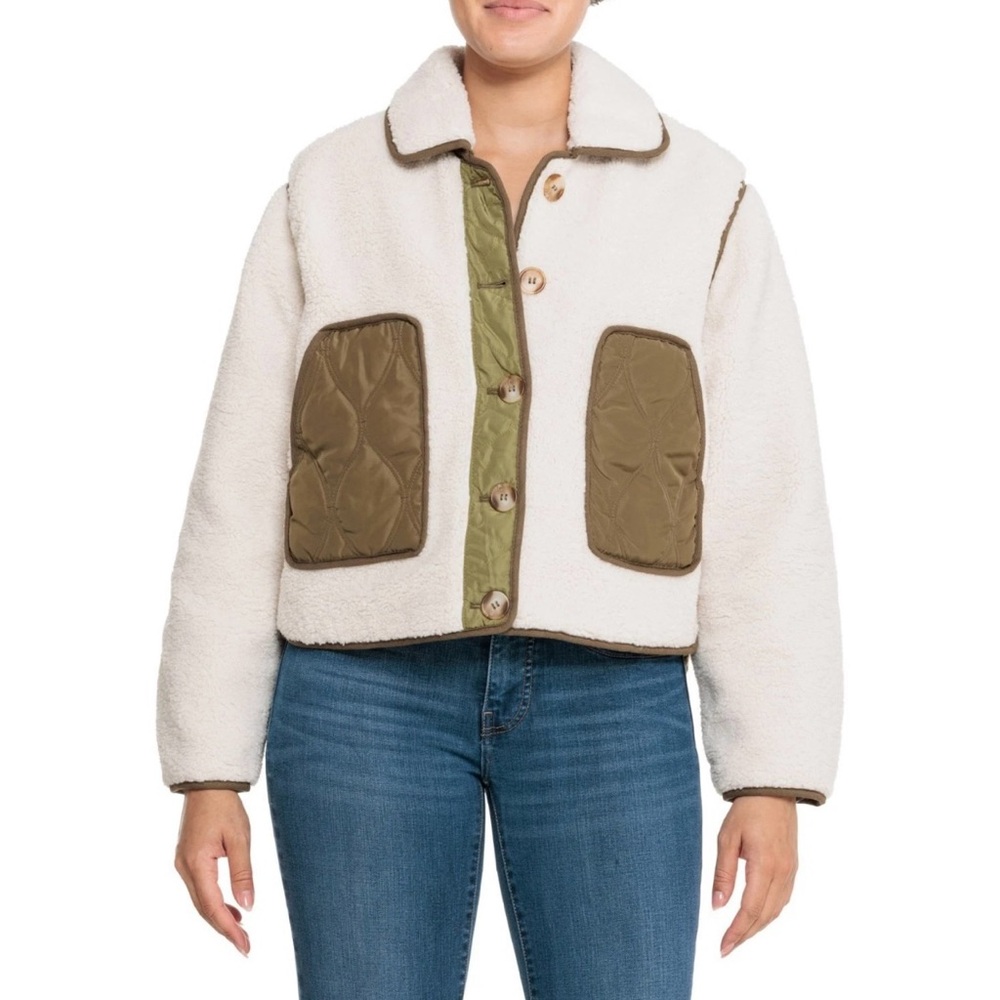 Blank NYC Women's Sherpa and Quilted Cropped Jacket - Size Medium - Beige/Green